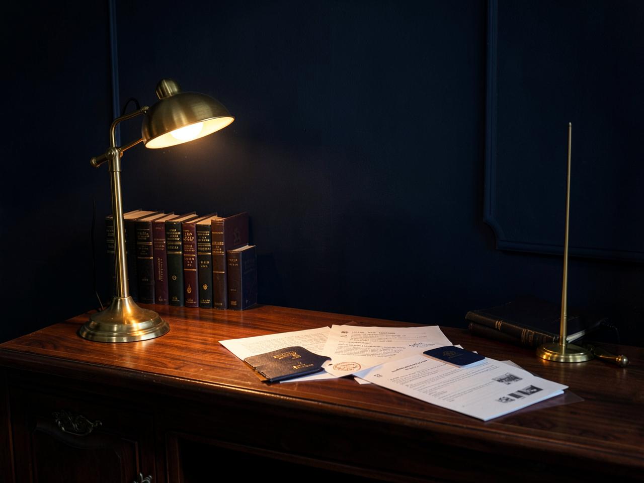 Law office desk with passport and property acquisition documents